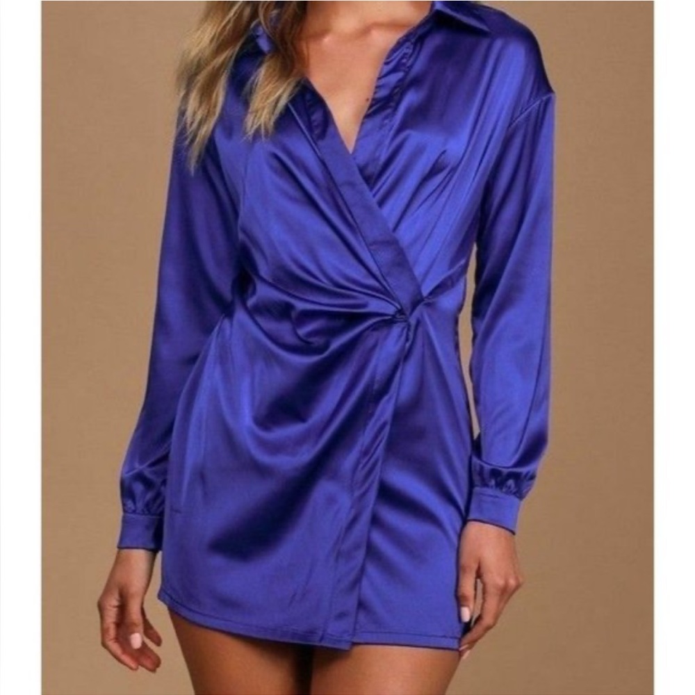NWT Lulu’s Royal Blue Satin Dress NWT Never Worn Brand New Size M Long Sleeve